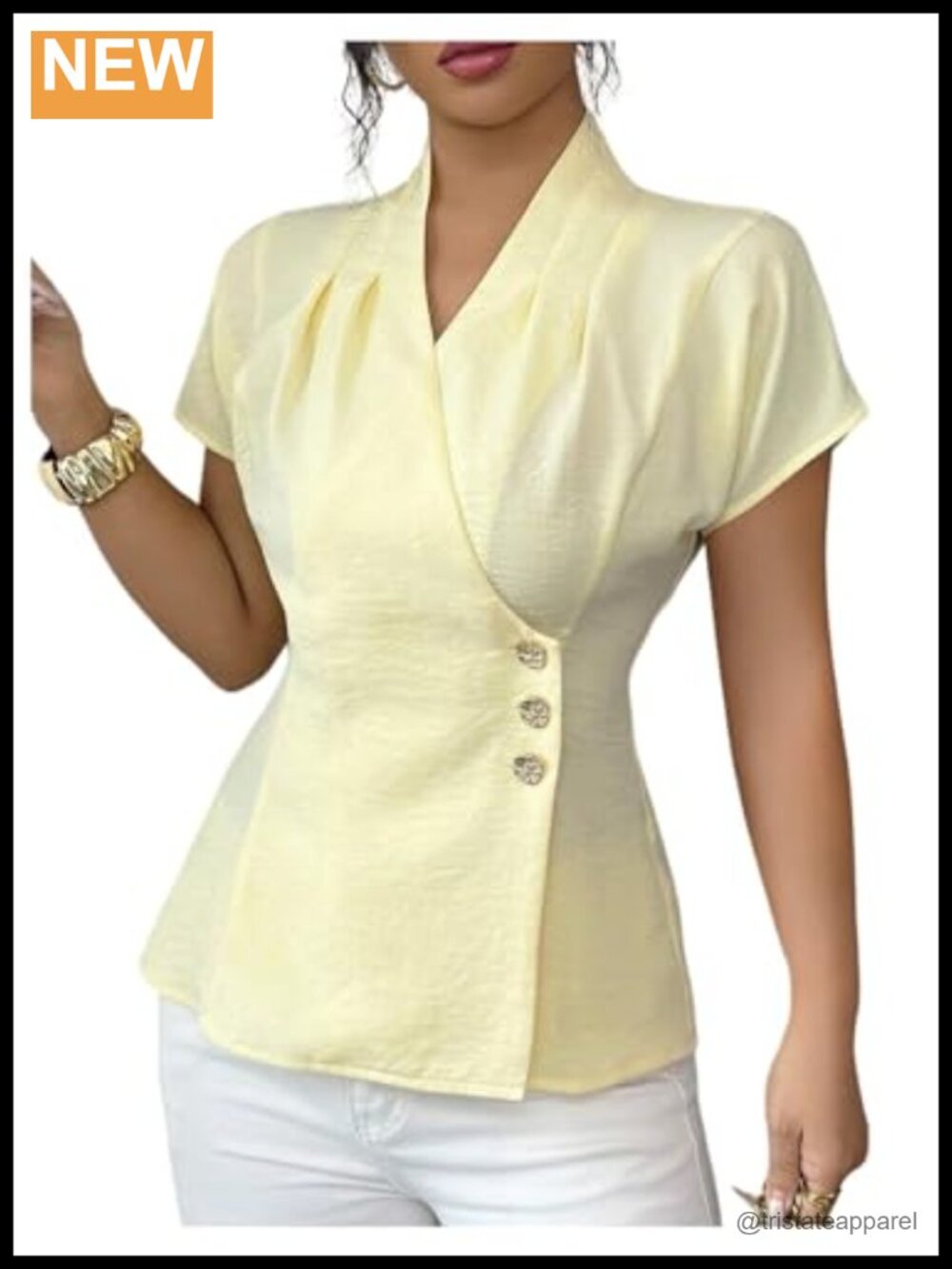Elegant V-Neck Short Sleeve Wrap Blouse Button Up